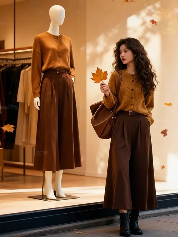 

Осенне-зимний женский винтажный вязаный кардиган и юбка с высокой талией, комплект из двух предметов для похудения карамельного цвета, ансамбль Faion