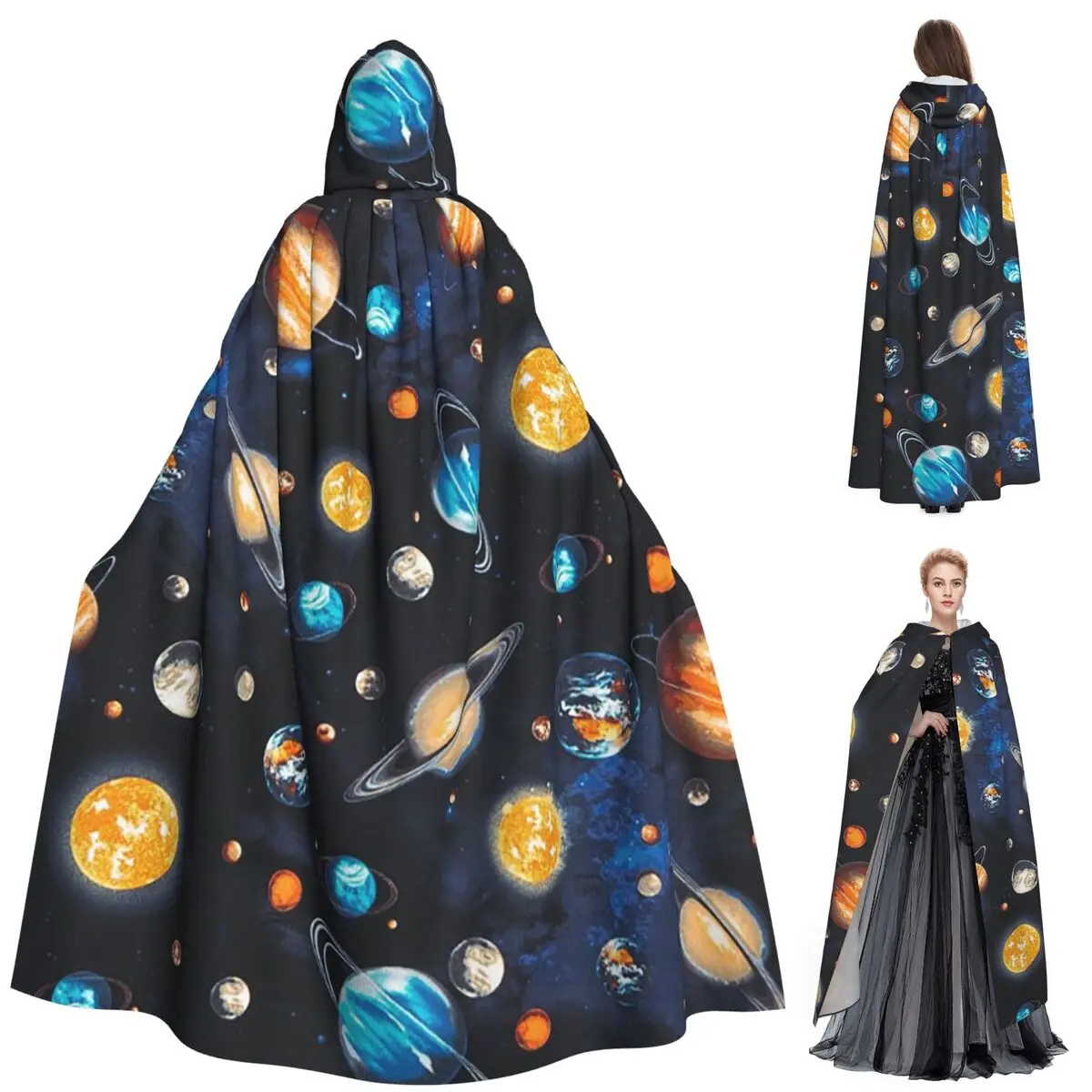Солнечная система, космические планеты, Вселенная, длинный плащ с капюшоном, средневековый костюм ведьмы, накидка для косплея, пальто на Хэллоуин для взрослых, унисекс