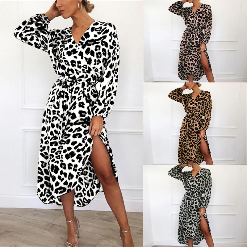 Women's New Autumn Dress Leopard Print V-neck Long Sleeve Lace-up Long Skirt Ladies Commuter Office Leisure Vacation Top Set