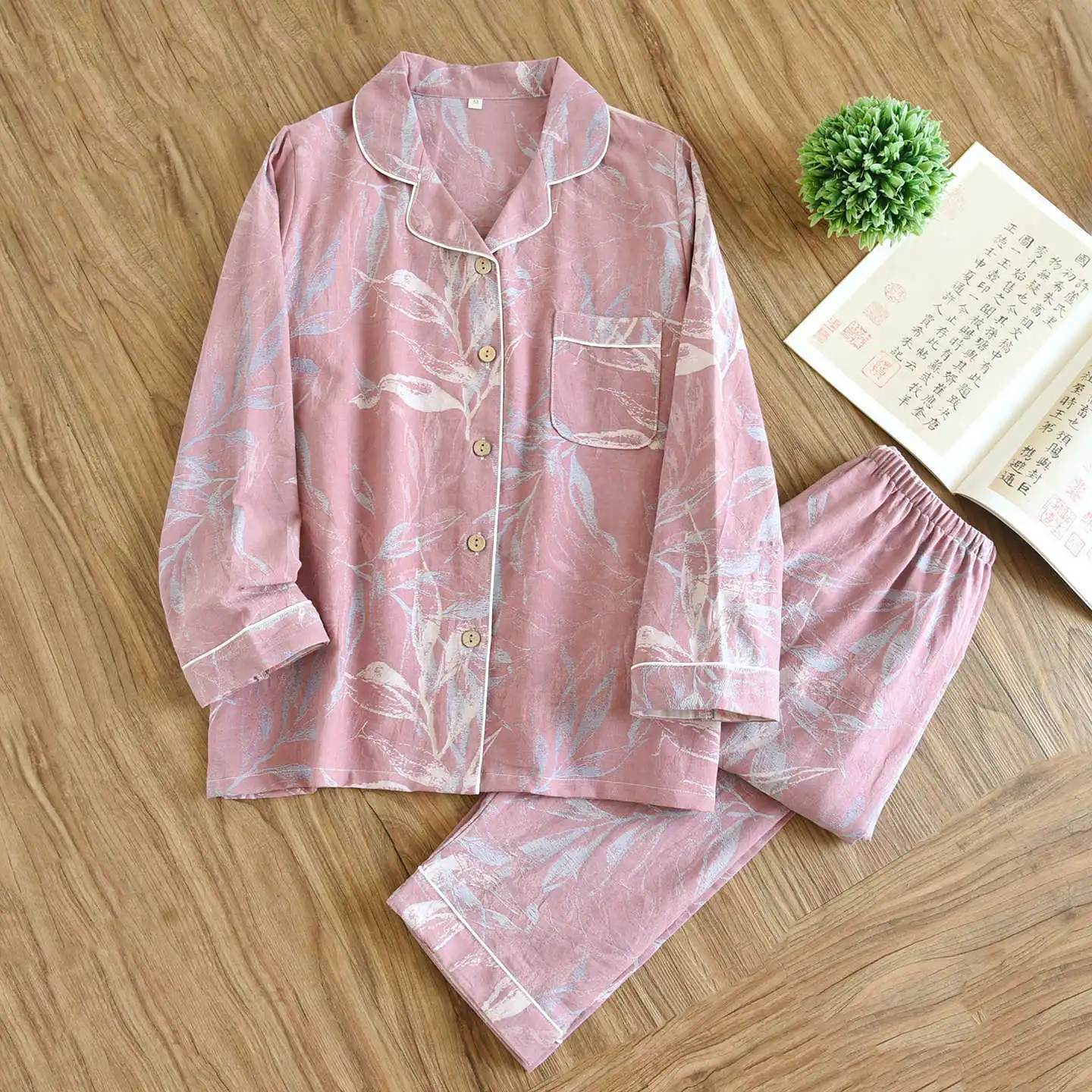 

2025 Spring and Autumn Women's Pajama Set 100% Cotton Jacquard Long Sleeve Pants Two Piece Leaf Home Furnishing Pajama Set