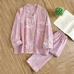 Conjunto de pijama jacquard feminino, 100% algodão, calças de manga comprida, 2 unid, mobiliário doméstico, primavera e outono, 2022