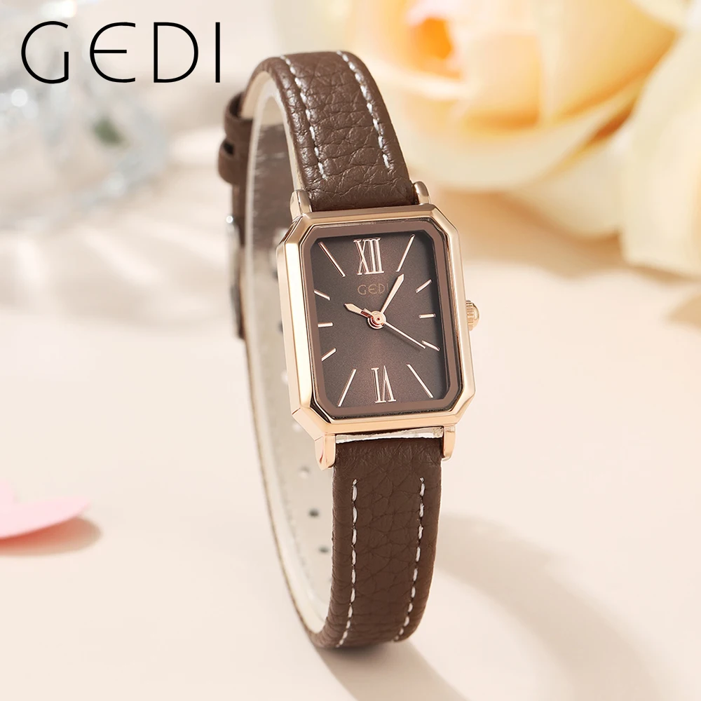 Fashion Gedi Top Brand Waterproof Rectangle Small Women Watches Vintage Coffee Leather Strap Casual Quartz Ladies Wrist Watches