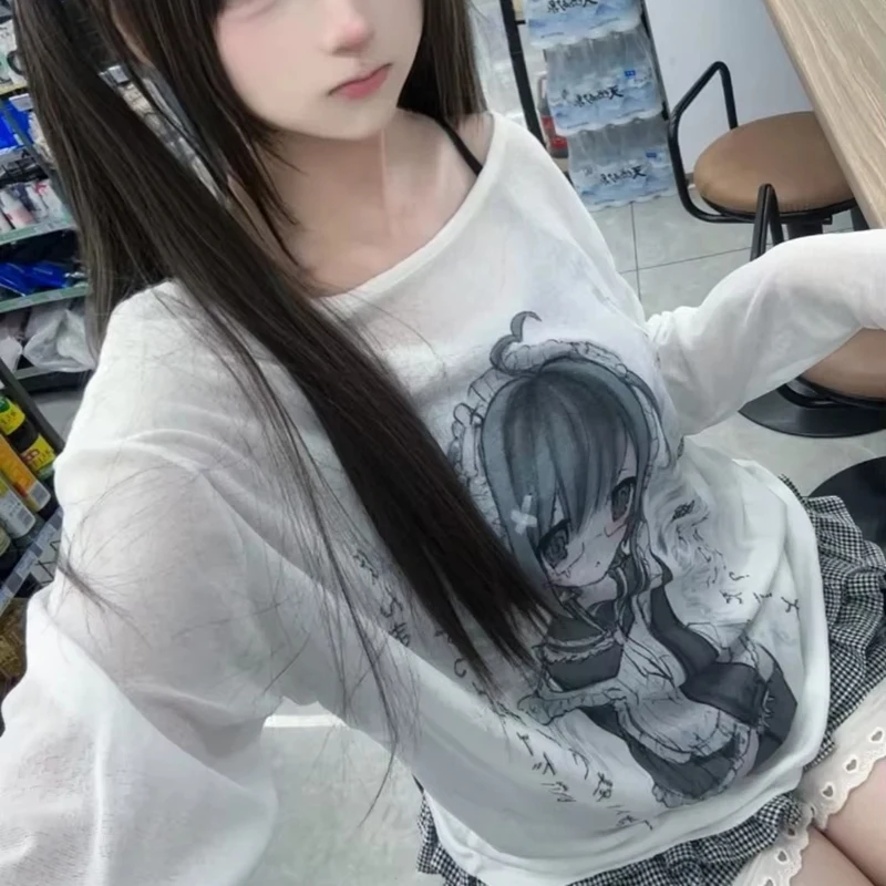 

Японские белые топы с защитой от солнца, женские свободные прозрачные футболки с мультяшным принтом, лето 2025, летние футболки Y2K с эстетической феей в стиле гранж