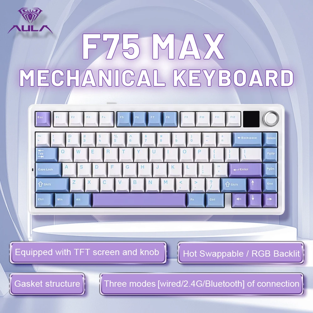 

AULA F75 MAX E-sports Mechanical Keyboard 75% Tri-Mode TFT Screen Knob Hot-Swap RGB 81Keys ANSI Layout for PC Gaming Office