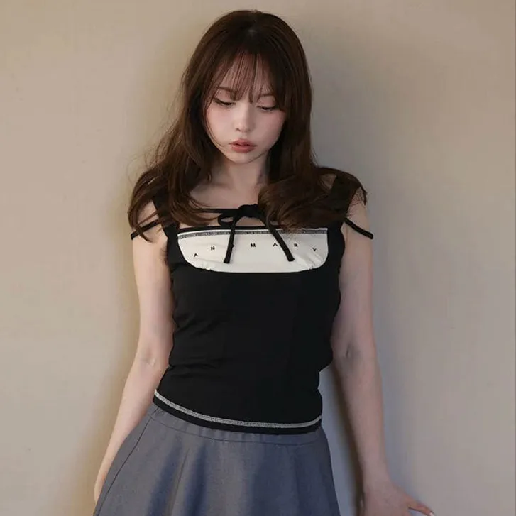 Japanese-Style Sweet Camisole for Women, Lace-Up Ribbon, Sleeveless Cotton Top, Girls' Cute Tank Top, Women's Y2K Fashion