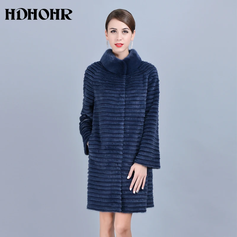 HDHOHR 2024 Hot Real Mink Fur Coats Women Natural Kintted Mink Fur Coats  Long Strip Warm Jackets Lady Full Length Real Fur Coat