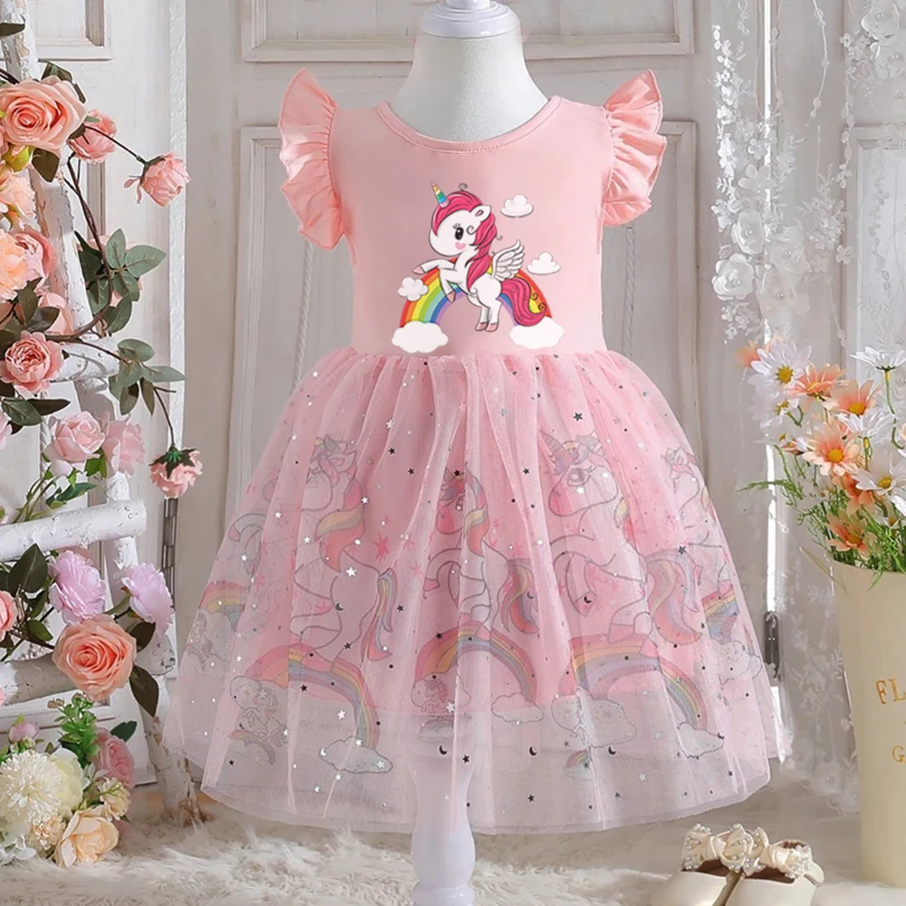 

Girls Dress Unicorn 2025 New Summer Kids Clothes Children Princess Baby Girl Toddler Short Sleeve Cute Party Dresses Rainbow