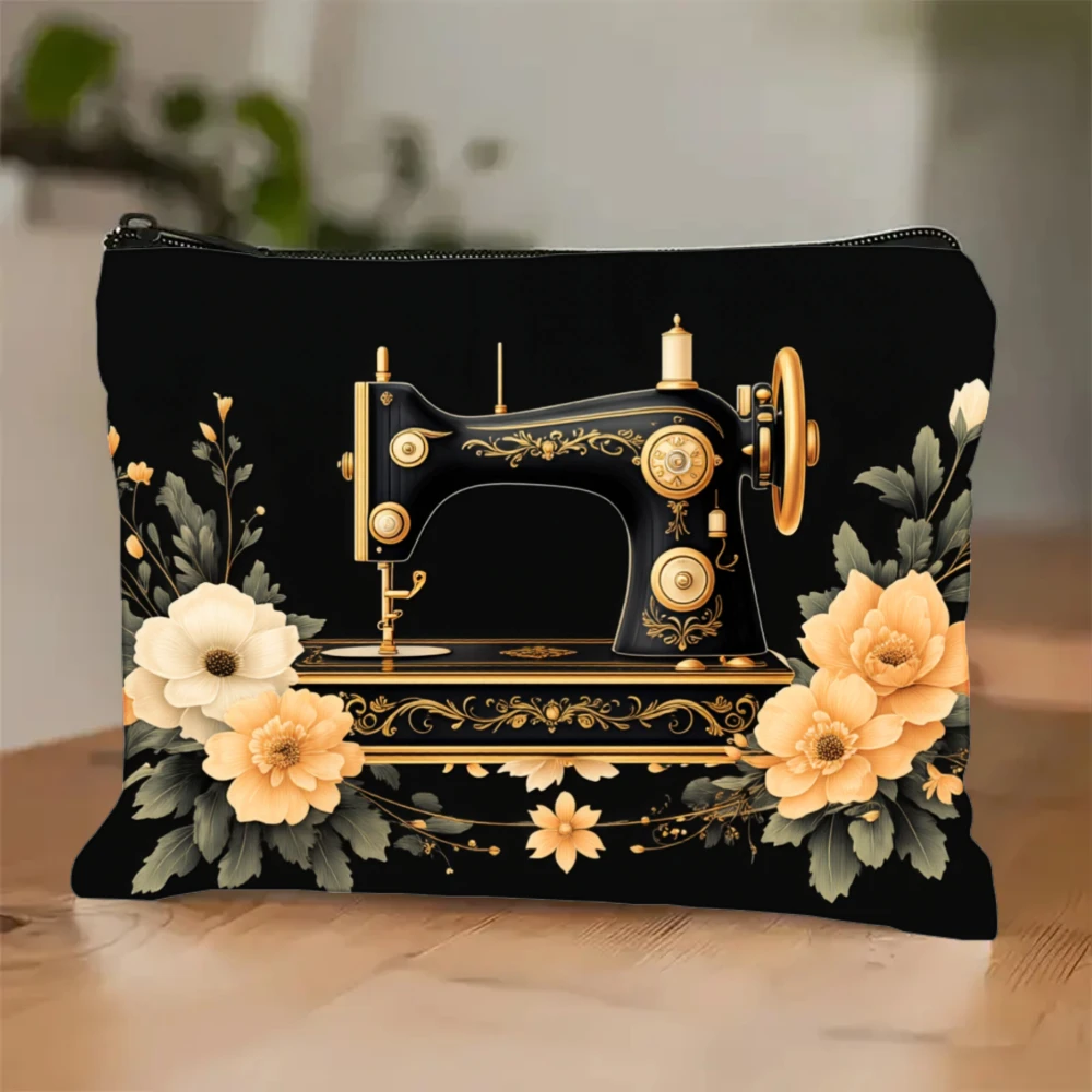 Vintage Sewing Machine with Floral Decoration Lightweight Foldable Zippered Makeup Bag Portable Storage Pouch Beauty Case