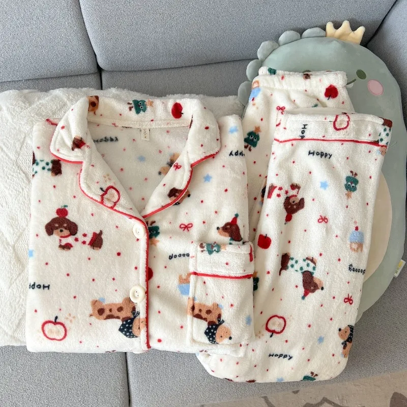 

Kawaii Thick Coral Fleece Women's Pajamas Sets Winter 2025 New Flannel Sweet Fleece-Lined Long-Sleeve Casual Soft Homewear Set