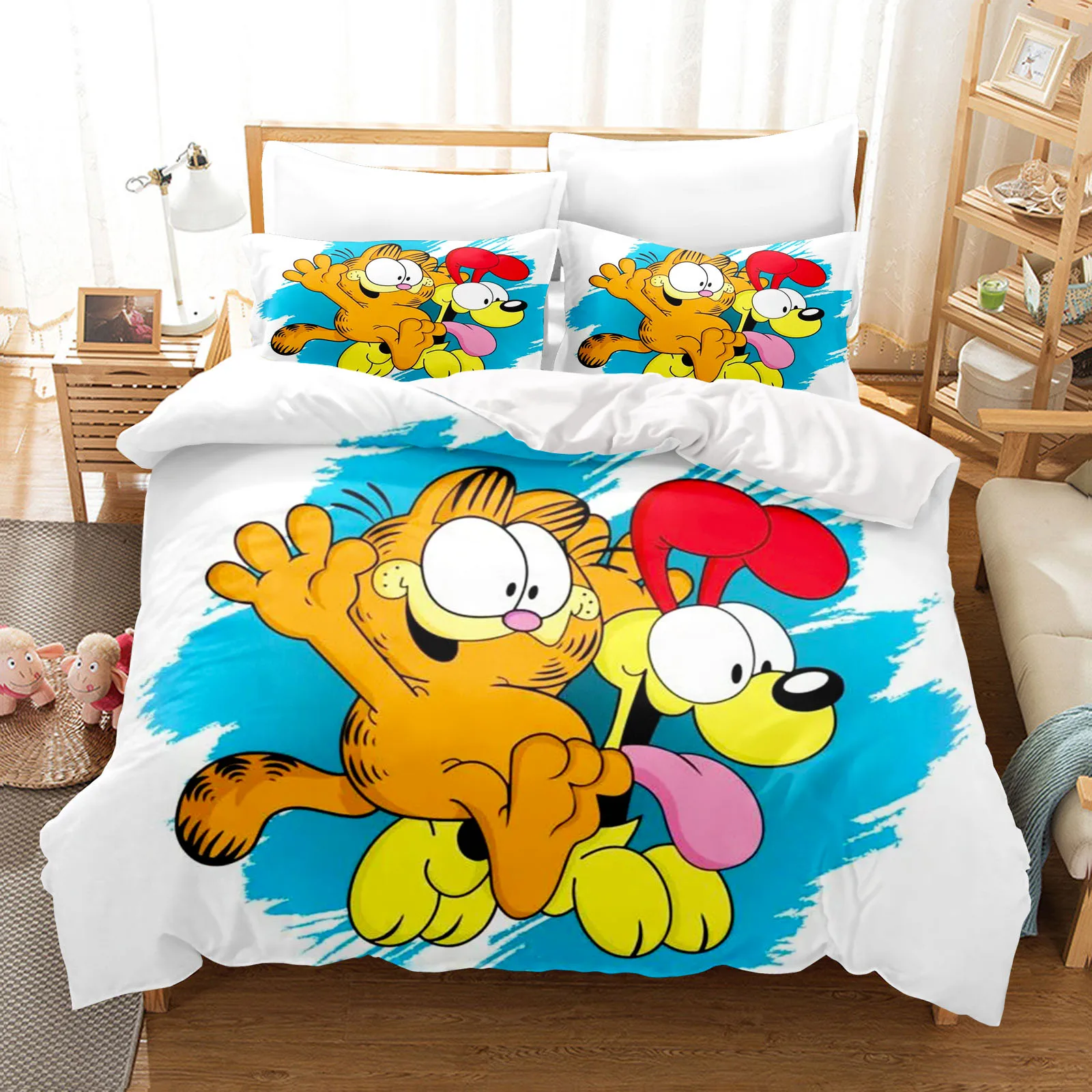 Garfield Anime Duvet Cover Set Comforte Printed Cartoon Twin Size Bedding Sets Christmas Gifts 3-piece