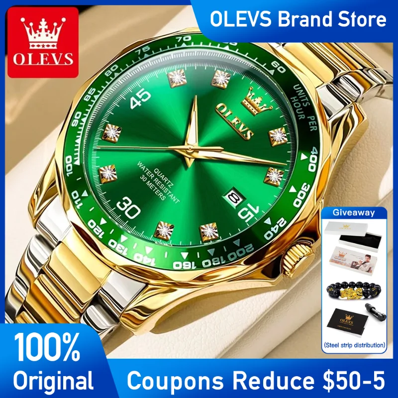 

OLEVS Mens Watch Classic Golden Stainless steel Top Brand Quartz Men's Wristwatch Waterproof calendar luxury Reloj with box