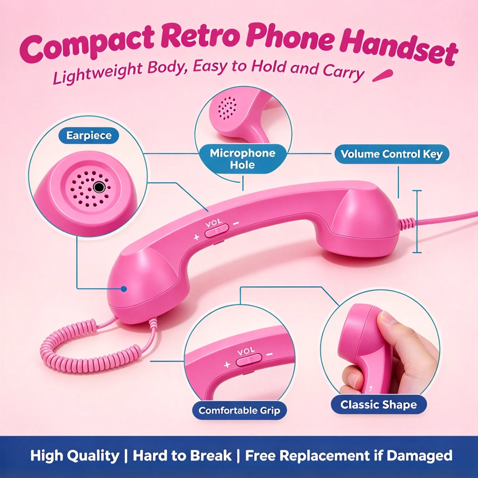 1Pc Retro Wired Phone Handset Vintage Type-C Telephone Receiver with Built-in Mic & Speaker for Smartphone Calls