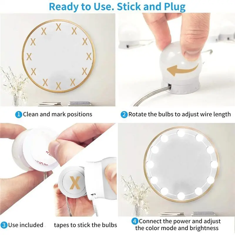 【SIMPLE】Para escritorio de maquillaje, baño, luz LED para espejo de tocador con 12 bombillas de palo regulables, ajuste de 10 niveles de brillo