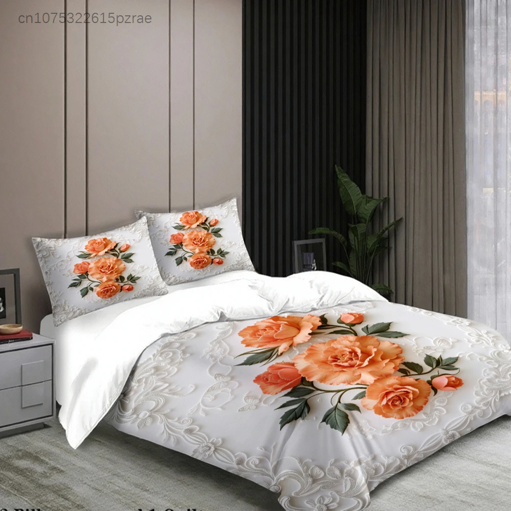 Floral Embroidered Bedding Set White Orange Rose Pattern Bedding With Duvet Cover Pillowcases For Bedroom