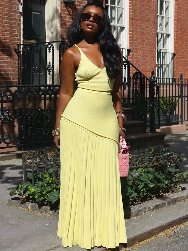 GACVGA Knitted Pleats Dress Sets Women Streetwear Sexy Crop Top Vest and Maxi Skirts Summer Party Holidays Two Piece Skirts Set