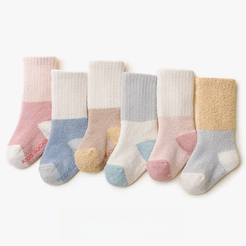 

0-5 Year Winter 3Pairs Coral Velvet Thermal Socks for Children Color Blocking Loose Mouth mid Tube Warm Baby Footwear