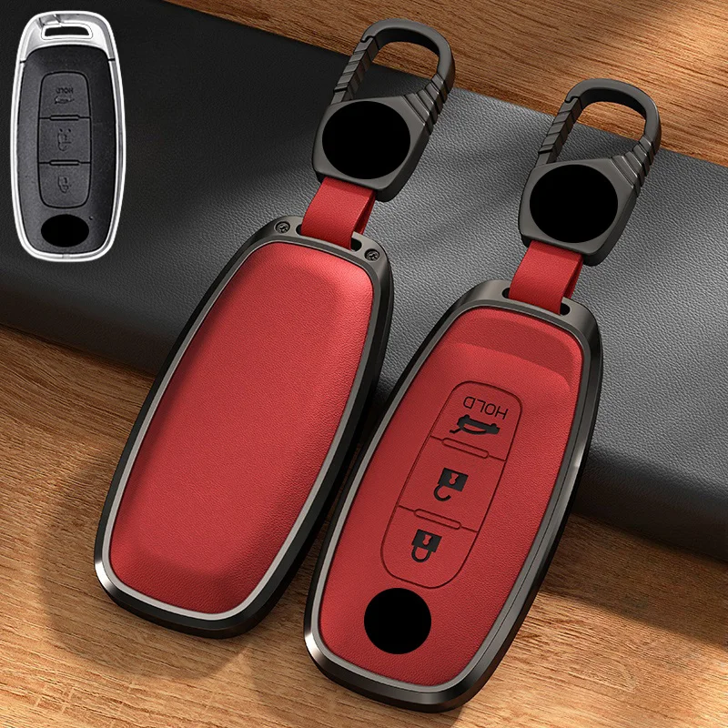 Aluminum Alloy Leather Car Remote Smart Key Fob Case Cover Holder Bag With Keychian For Nissan Rogue Kicks Ariya Pathfinder