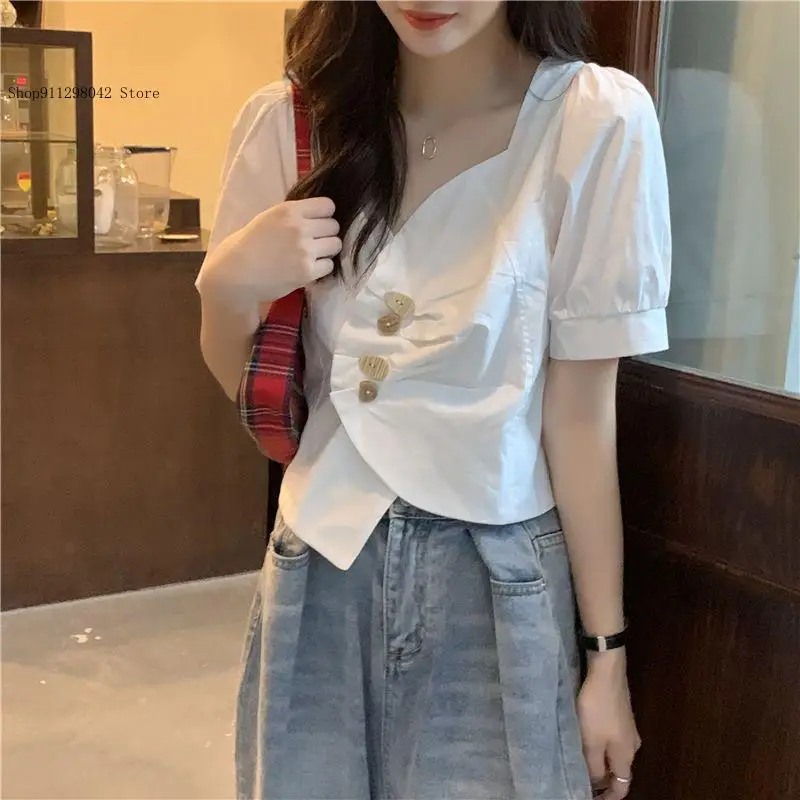 Summer and Autumn Casual Pure Color Design Bubble Short Sleeved Tops Irregular V-Neck Short White Shirt for Women