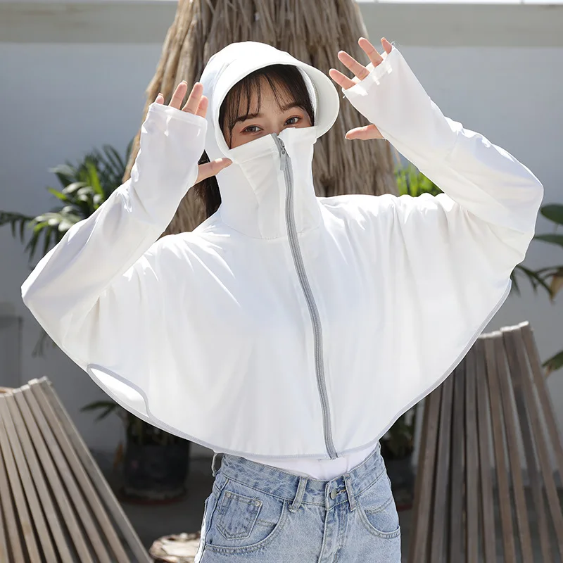 1pcs Summer Women Sunscreen Hoodie Female Solid Color Thin Ice Silk UV Protection Long-Sleeved Jackets Breathable Shirt Clothing