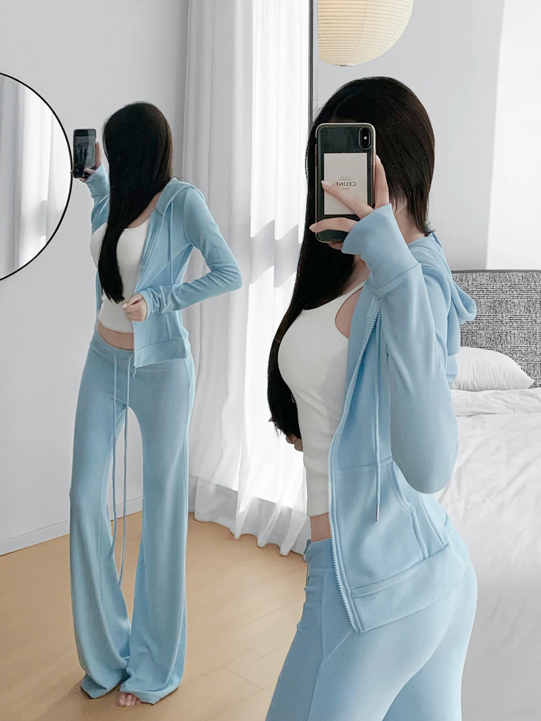Loose Fitting Zipper Hoodie And High Waist Trousers Two Piece Set Women's Casual Wear Age Defying Body Shaping Fashion