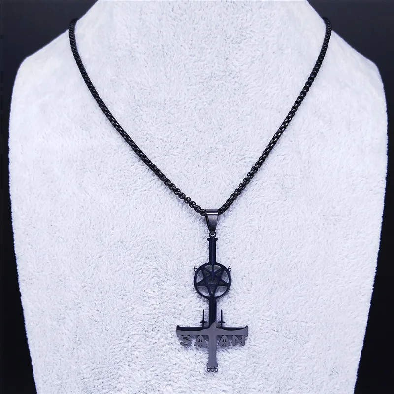 2024 Upside Down Cross Pentagram Satan Stainless Steel Necklaces Women Silver Color Statement Necklace Jewelry cadena N4413S03