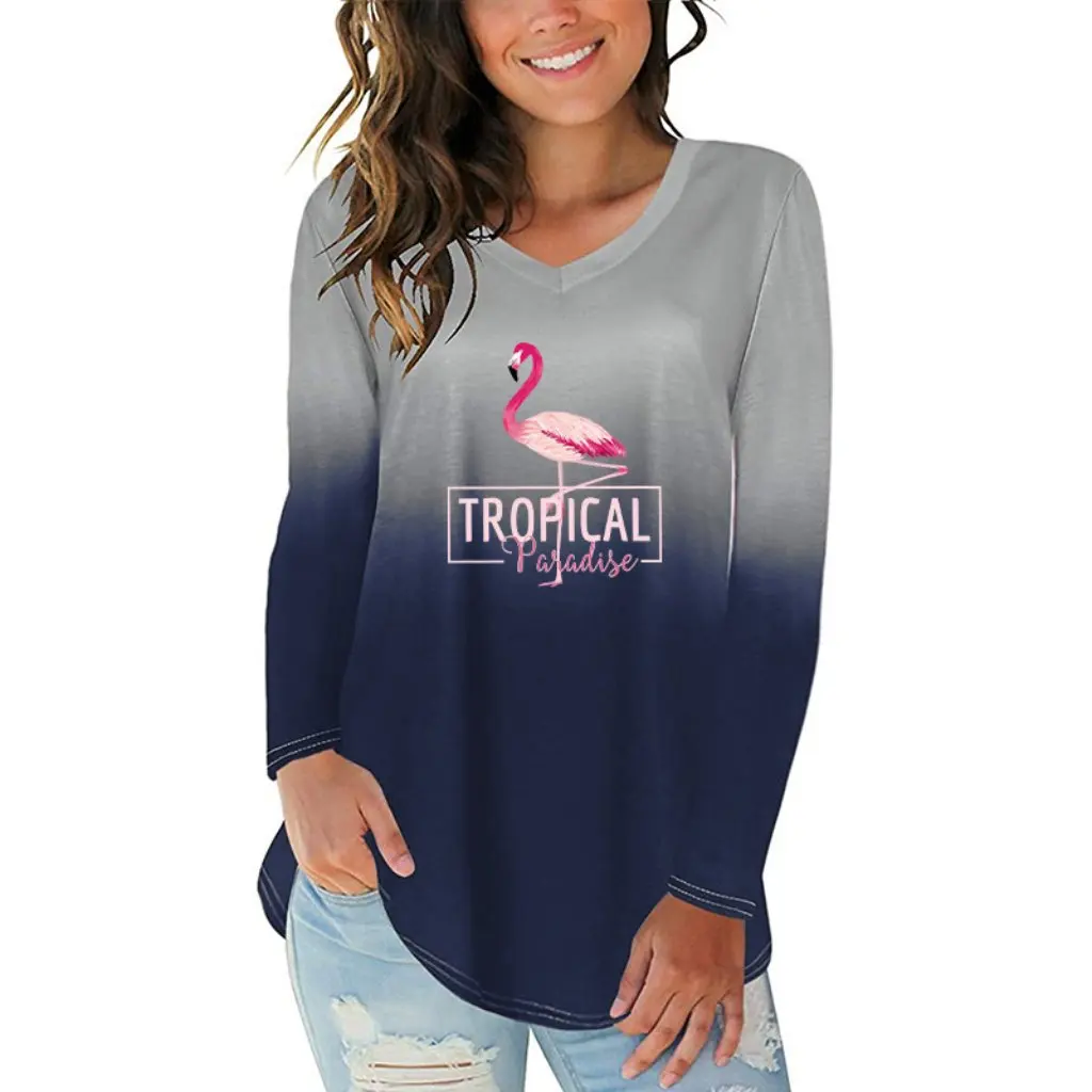 

Women's Gradient Flamingo Letter Print V-Neck Long Sleeve T-Shirt Irregular Hem European American Style New