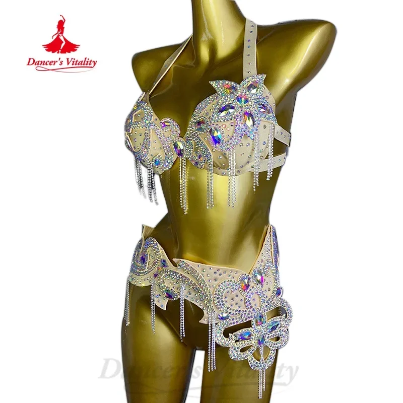 Belly Dance Performance Costume Set for Women Customized High-end Luxury Rhinestone Tassel Bra+Belt 2pcs Oriental Dancing Outfit