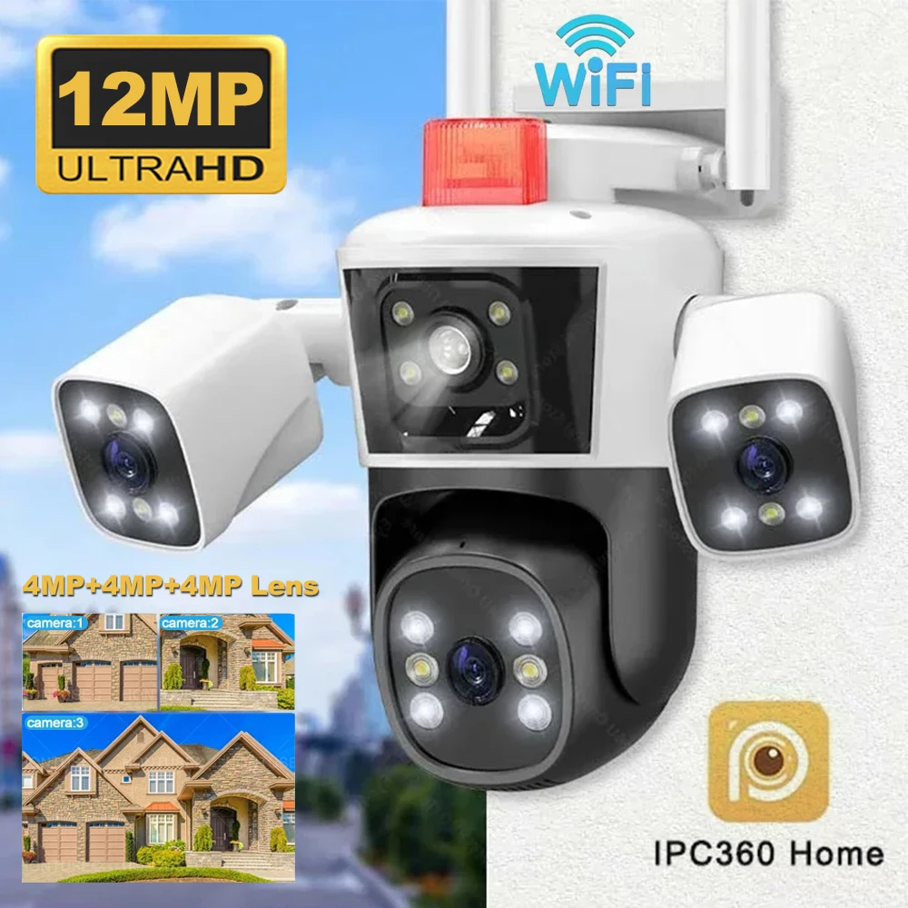 12MP 6K WiFi Security Cameras Four Len Three Screens Outdoor PTZ Video Cam Auto Tracking 6K Waterproof Surveillance Cam IPC360