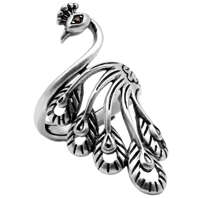 Pure 925 Sterling Silver Cute Peacock Animal Adjustable Rings For Women Party Gift Thai Silver Fine Jewelry Anti-Allergy LR097