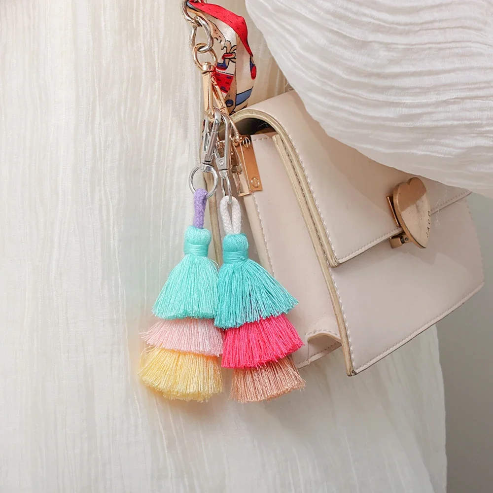 2024 Handmade Cotton Tassel Keychain Bohemian Colorful Multi-layer Cotton Thread Tassel Bag Accessory Boho Tassel Keychain