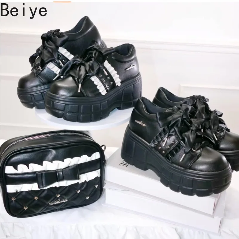 Gothic Harajuku Casual Footwear Women Japanese Sweet Lolita Big Bow Shoes Female Lace Ruffle Rivet Thick Platform Pumps