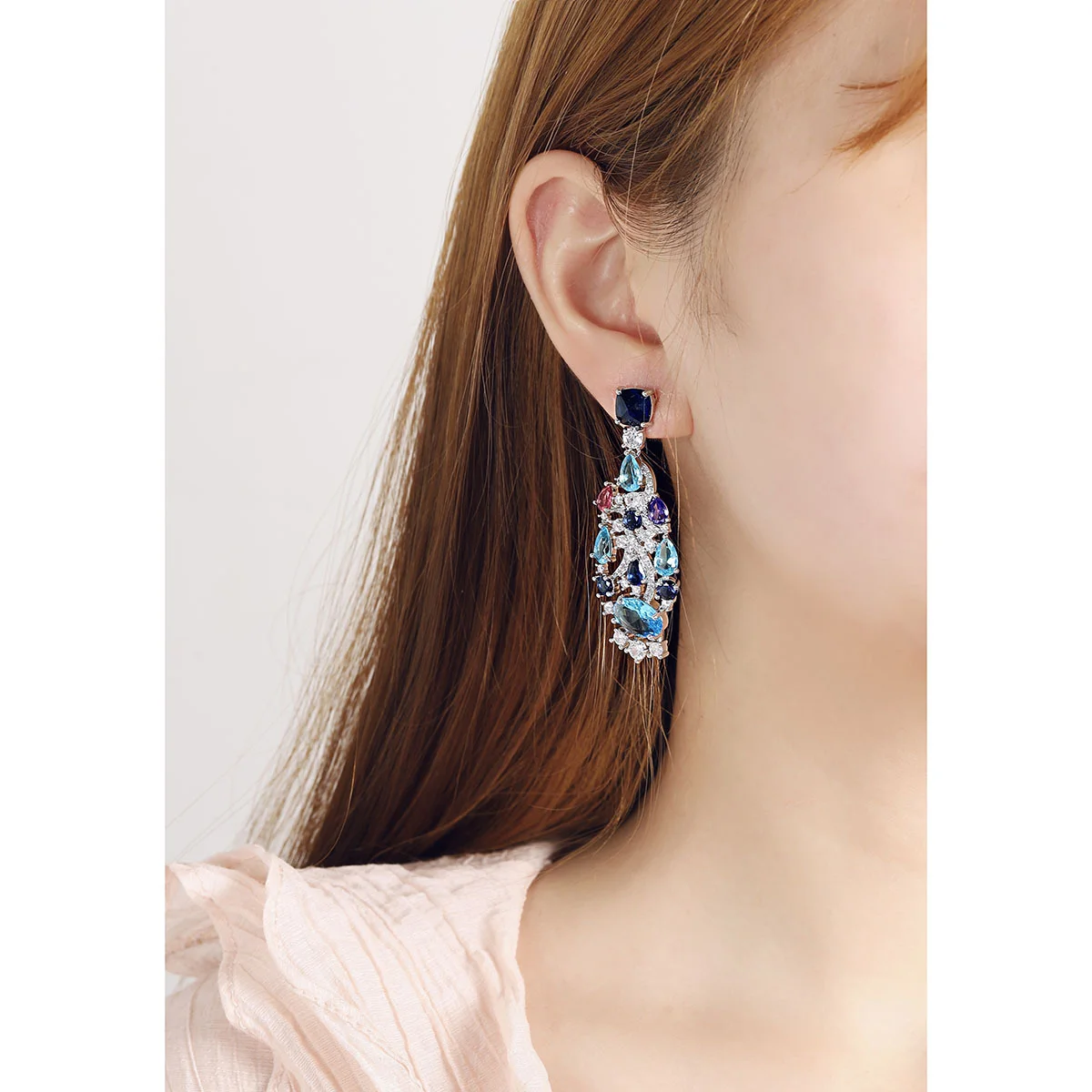 925 Silver Needle Rich Blue Multicolor Gemstone Drop Earrings, Sparkling Floral Statement Jewelry for Gala, Ideal Gift for Women