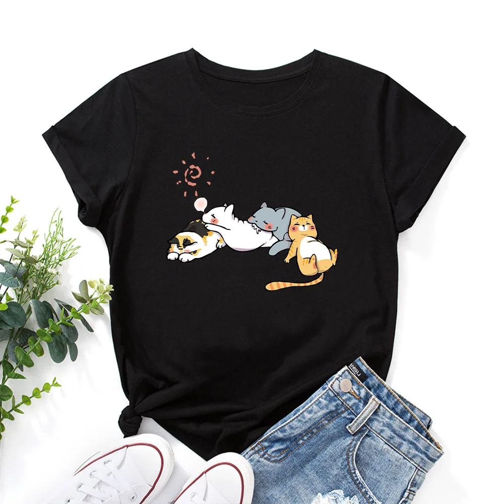 JFUNCY-Camiseta estampada gráfica para gato adormecido feminino, camiseta de algodão, camiseta solta, manga curta, blusa feminina, verão