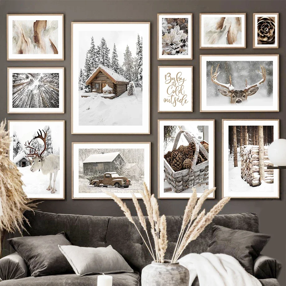 

Wall Art Mural Canvas Painting Winter Snow House Pine Tree Leaf Reindeer Nordic Posters And Print Wall Picture Living Room Decor