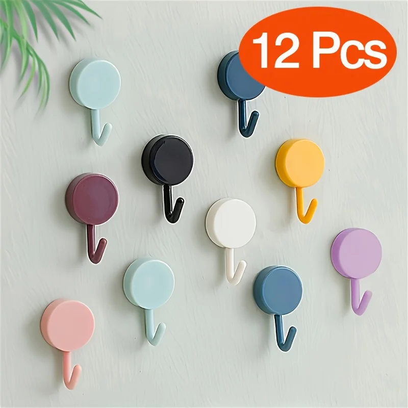 Waterproof No-Drill Wall Hooks Self Adhesive Plastic Hooks Macaron Colors Bathroom Kitchen Towel Key Holder