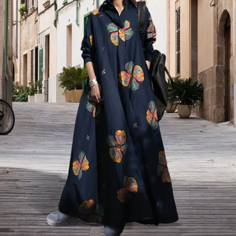 Long Sleeve Dress Floral Print Maxi Dress with Turn-down Collar for Women Ethnic Style A-line Loose Fit Plus Size Ankle Length