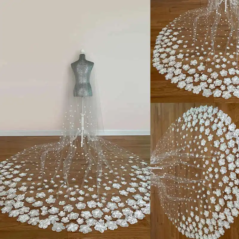 

Handsome Flowers Wedding Veil 3D Appliques One Layer Long Cathedral Length Bride Veils For Bride Customized Bridal Accessorious