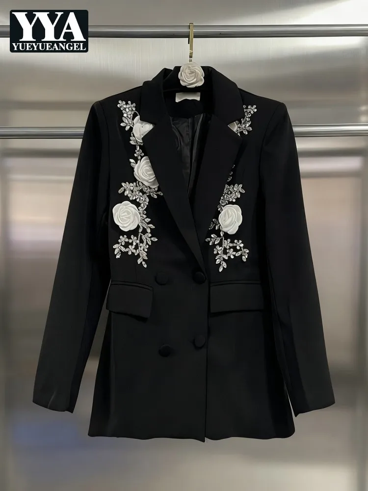 

Designer Ladies Banquet Elegant White Blazers Double Breasted Flowers Diamonds Fashion New Office Women Black Suit Jacket Tops