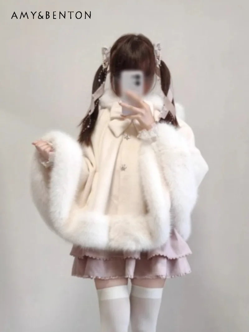 

Lolita Wool Plush Cape Coat Japanese Sweet Cat Ear Hooded Beaded Rhinestone Button Single Breasted Loose Short Shawl Winter