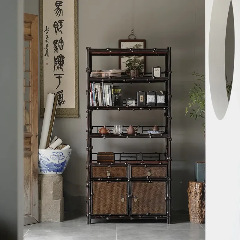 Bamboo Storage Cabinet Large Drawer Organizer Shelf for Study Tea Room Display Rack Tea Set Holder Furniture