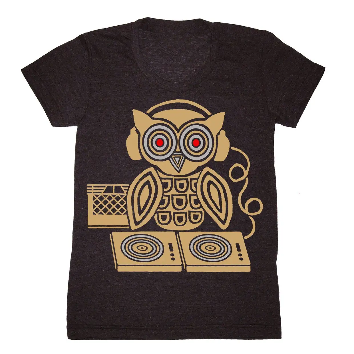 Headphones Owl Womens Large T Shirt Girls Turntable Music Bird Retro Awesome Cool Feathers Woodland Record Milkcrate