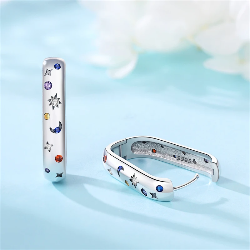 Real 925 Sterling Silver Hoop Earrings Colorful Zircon Bright Starry Sky Earrings Women Engagement Wedding Party Silver Jewelry