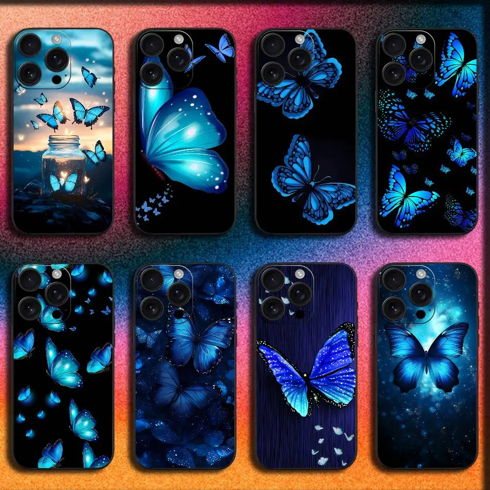Custodia per telefono con farfalla blu per iPhone 17,16,15,14,13,12,11,Pro,Max,Plus,E,SE4,Air,Mini Cover nera