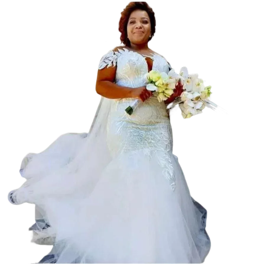 Personalizado mais novo colher plus size rendas apliques sereia vestidos de casamento trem varredura africano fora do ombro com decote em v jardim br