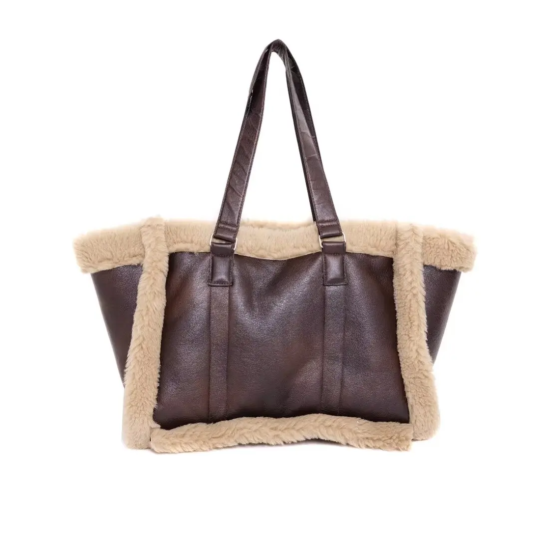 FAUX SHEARLING TOTE BAG traf winter new fashion patchwork texture fur one hand bill shoulder fur large shopping bag