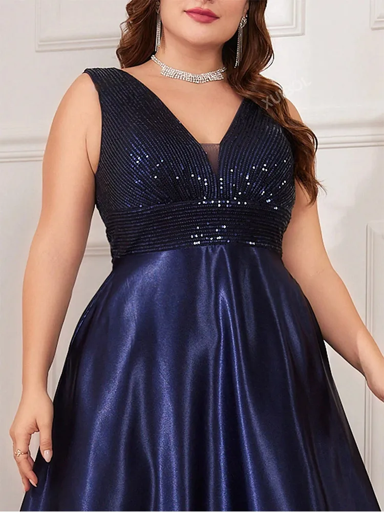 Plus Size V-neck Apricot Sleeveless Satin Luxurious Floor-length Evening Dress Big Size Sequins Sparkling Prom Gown for Women