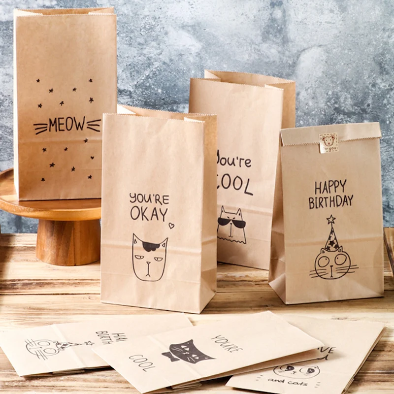 10 pcs Cat Shape Cute Wedding Coffee Shop Bread Bag Kraft Paper Gift Bags Candy Cookie Packaging Bag Boxes Party Natal Favors