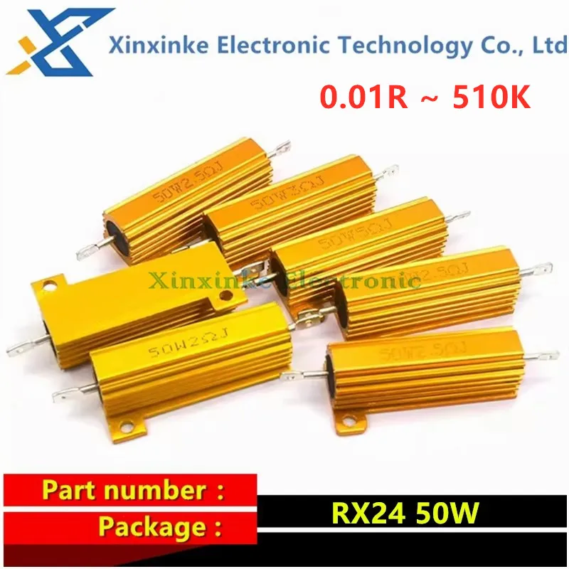 RX24 50W Gold Aluminum Power Metal Shell Case Wirewound Resistor 0.33 0.47 0.68 0.75 1 2 3 5 10 20 50 200R 0.1R ~ 10K ohm