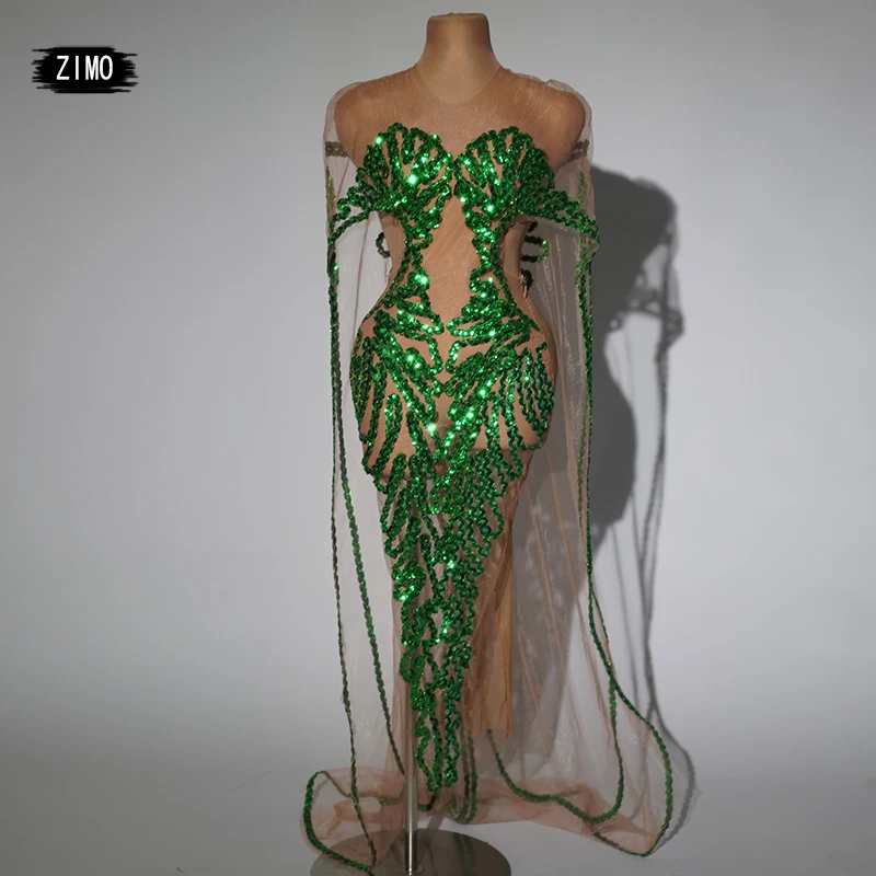 sexy see through long dress green sequins mesh see through Night Club Party Dress coat birthday Celebrate drag queen costumes