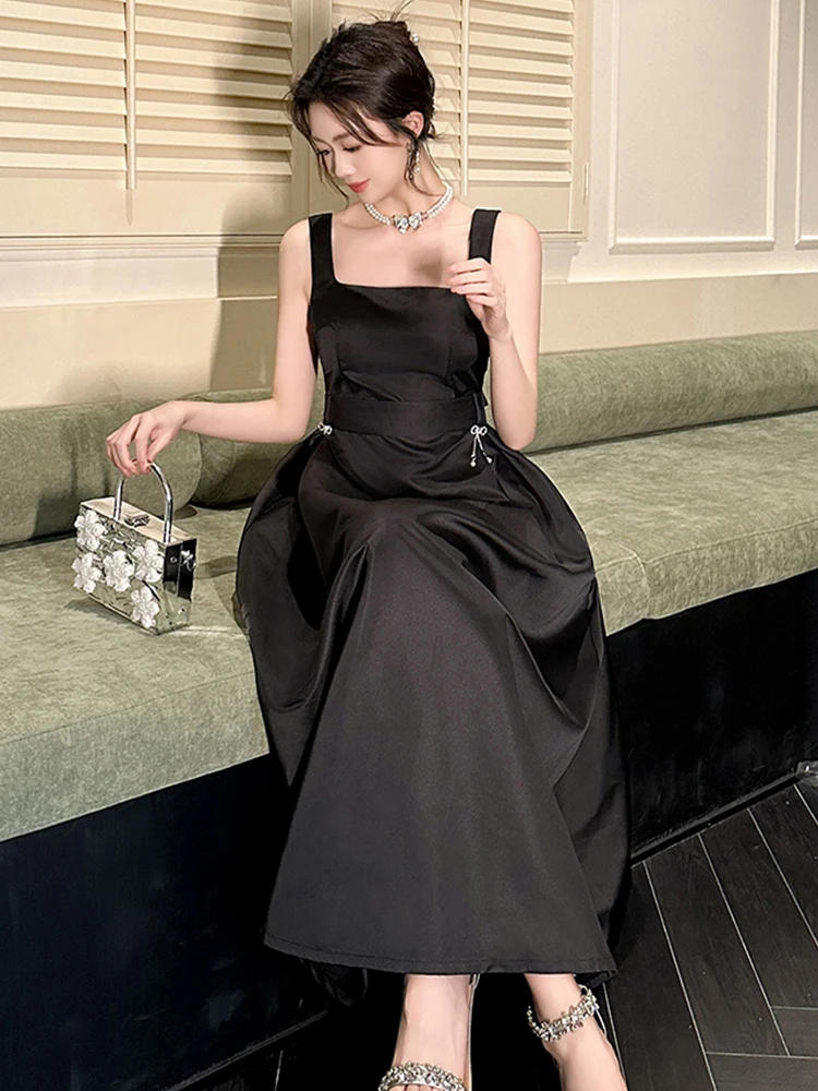 New Summer Fashion Lady Black Satin Holiday Evening Dress Women Clothes Elegant Sexy Strap A-Line Party Prom Vestido Fiesta Robe